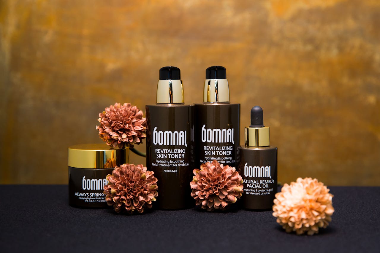 Revitalizing skincare products with a touch of luxury, surrounded by decorative flowers.